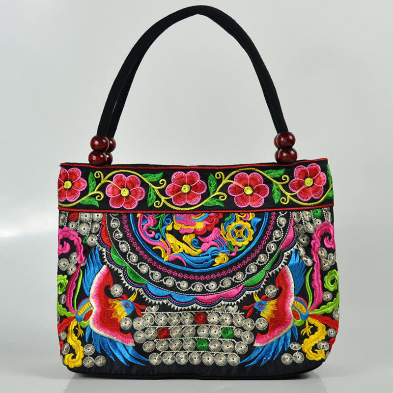 Buddha Stones Money Tree Peony Phoenix Apple Blossom Double-Sided Embroidery Cotton Canvas Shopping Purse Handbag Shoulder Bag&Handbags BS Double Phoenix