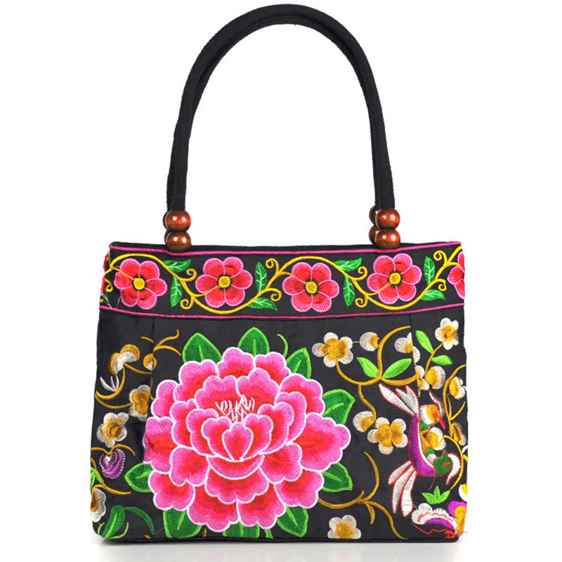 Buddha Stones Money Tree Peony Phoenix Apple Blossom Double-Sided Embroidery Cotton Canvas Shopping Purse Handbag Shoulder Bag&Handbags BS Red Peony
