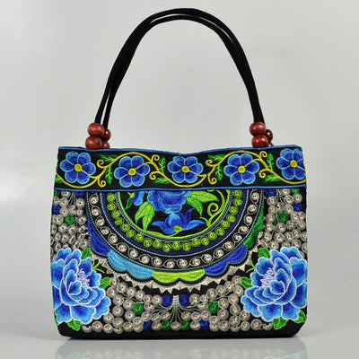 Buddha Stones Money Tree Peony Phoenix Apple Blossom Double-Sided Embroidery Cotton Canvas Shopping Purse Handbag Shoulder Bag&Handbags BS Small Blue Peony