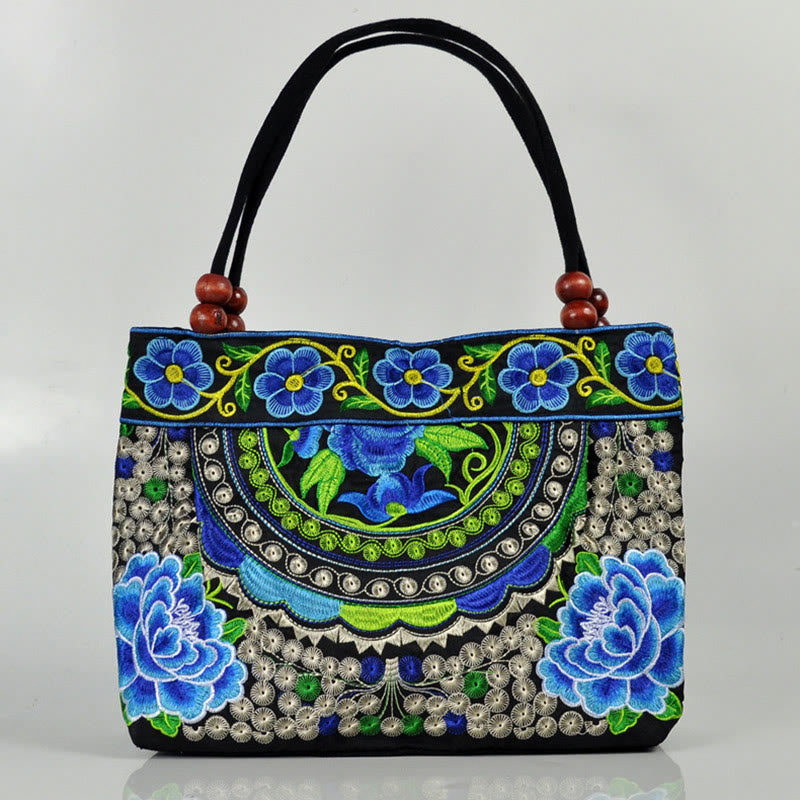 Buddha Stones Money Tree Peony Phoenix Apple Blossom Double-Sided Embroidery Cotton Canvas Shopping Purse Handbag Shoulder Bag&Handbags BS Small Blue Peony