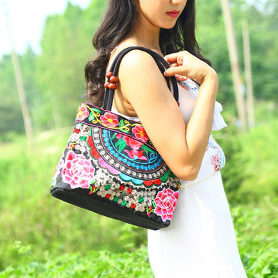 Buddha Stones Money Tree Peony Phoenix Apple Blossom Double-Sided Embroidery Cotton Canvas Shopping Purse Handbag Shoulder Bag&Handbags BS 2