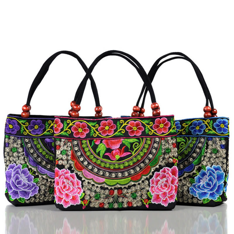 Buddha Stones Money Tree Peony Phoenix Apple Blossom Double-Sided Embroidery Cotton Canvas Shopping Purse Handbag Shoulder Bag&Handbags BS 7