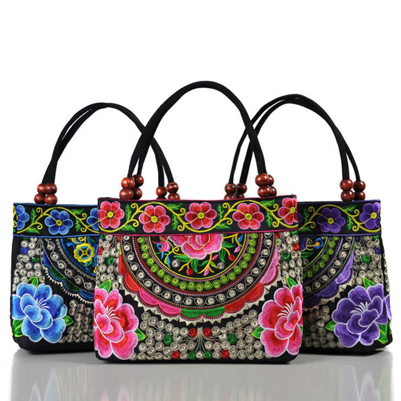 Buddha Stones Money Tree Peony Phoenix Apple Blossom Double-Sided Embroidery Cotton Canvas Shopping Purse Handbag Shoulder Bag&Handbags BS 12