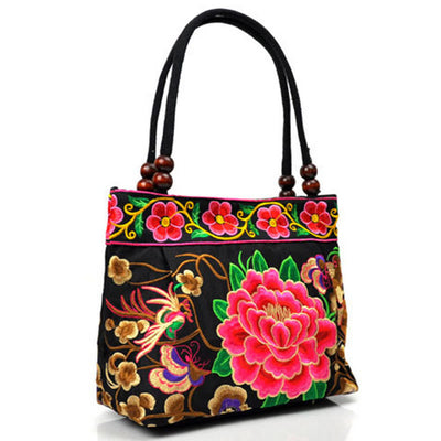 Buddha Stones Money Tree Peony Phoenix Apple Blossom Double-Sided Embroidery Cotton Canvas Shopping Purse Handbag Shoulder Bag&Handbags BS 14