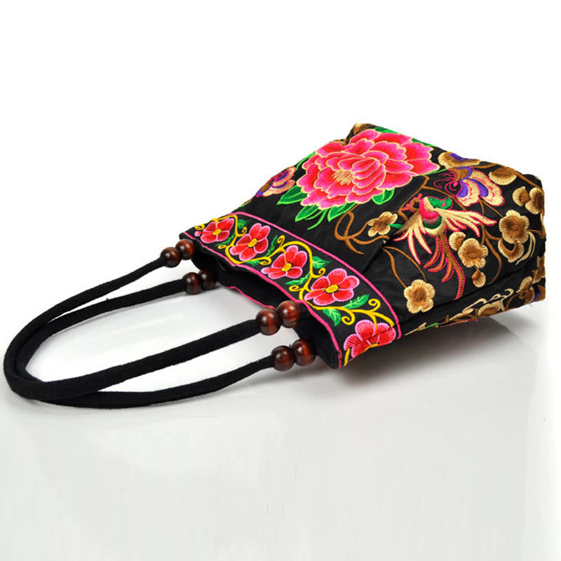 Buddha Stones Money Tree Peony Phoenix Apple Blossom Double-Sided Embroidery Cotton Canvas Shopping Purse Handbag Shoulder Bag&Handbags BS 15