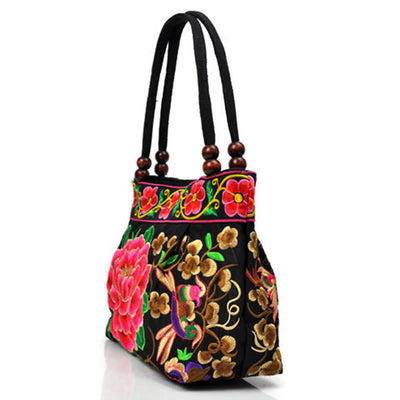 Buddha Stones Money Tree Peony Phoenix Apple Blossom Double-Sided Embroidery Cotton Canvas Shopping Purse Handbag Shoulder Bag&Handbags BS 17