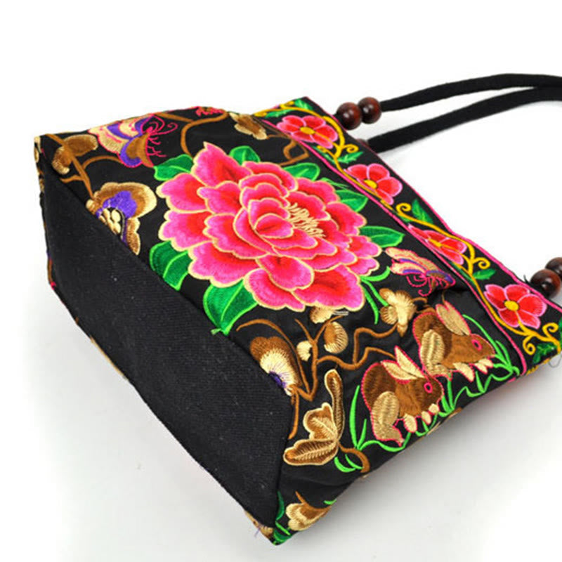 Buddha Stones Money Tree Peony Phoenix Apple Blossom Double-Sided Embroidery Cotton Canvas Shopping Purse Handbag Shoulder Bag&Handbags BS 16