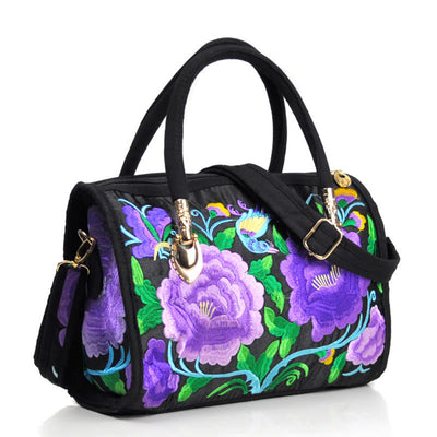Buddha Stones Money Tree Peony Camellia Double-Sided Embroidery Canvas Shopping Purse Handbag Crossbody Bag Crossbody Bag&Handbags BS Double Purple Camellia