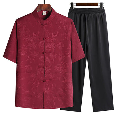 Buddha Stones Bamboo Peach Blossom Tang Suit Hanfu Traditional Uniform Short Sleeve Top Pants Clothing Men's Set - Red(Top&Pants) - US/UK/AU42，EU52 (3XL) - image 1