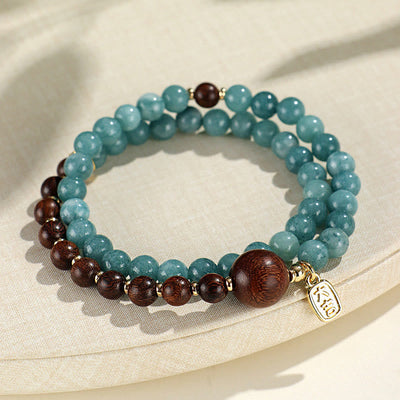 Bracelet double tour Foviel en calcédoine bleue, bois de santal vert et bois de santal rouge à petites feuilles pour l'équilibre émotionnel