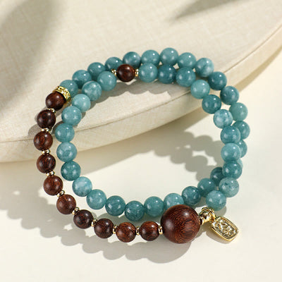 Bracelet double tour Foviel en calcédoine bleue, bois de santal vert et bois de santal rouge à petites feuilles pour l'équilibre émotionnel