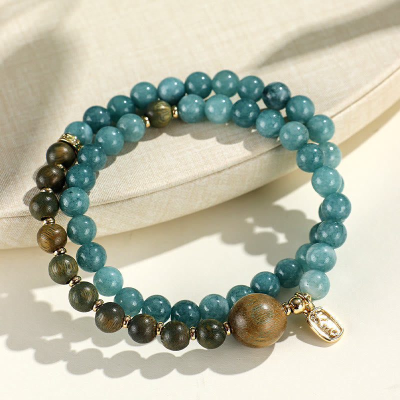 Foviel Blue Chalcedony Green Sandalwood Small Leaf Red Sandalwood Double Wrap Emotional Balance Bracelet