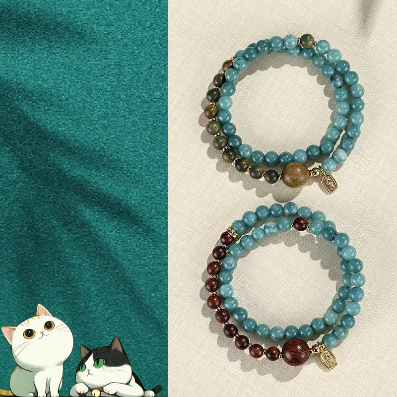 Bracelet double tour Foviel en calcédoine bleue, bois de santal vert et bois de santal rouge à petites feuilles pour l'équilibre émotionnel