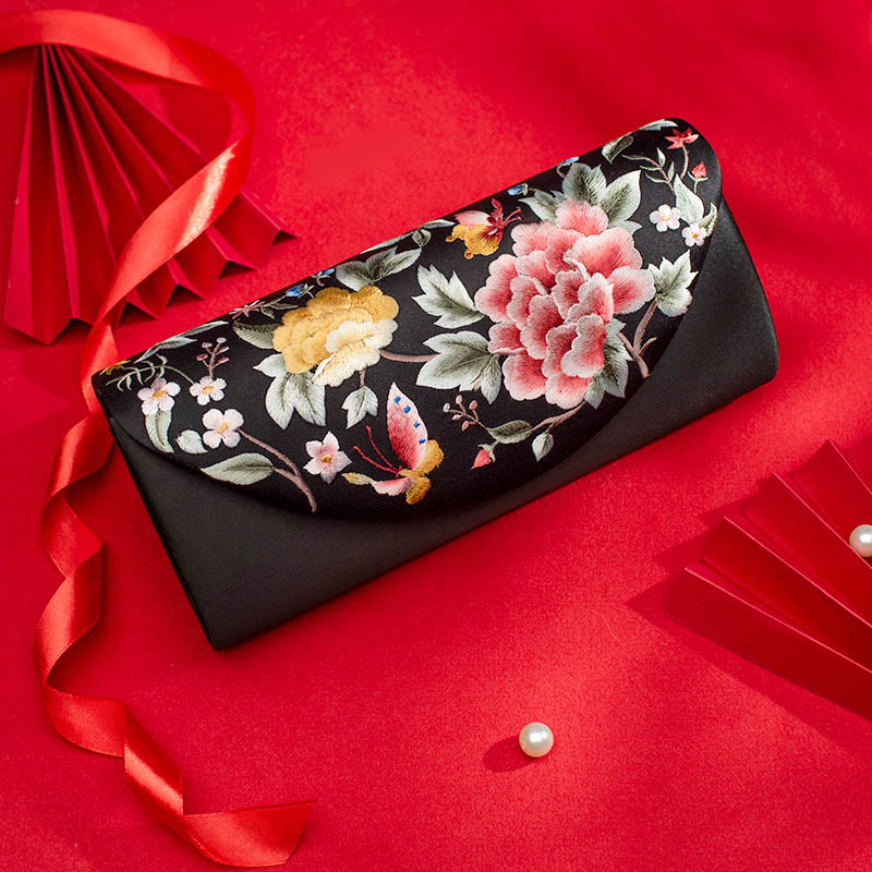 Buddha Stones Peony Tulip Su Embroidery Wedding Shopping Purse Handbag Crossbody Bag Wallet&Handbags BS Black (Peony)24*5.5*11cm