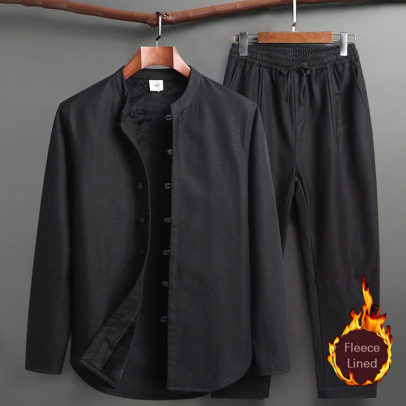 Buddha Stones Solid Tang Suit Traditional Fleece Lined Uniform Long Sleeve Top Pants Men's Set - Black - Top&Pants - US/UK/AU46，EU56 (5XL) - image 15
