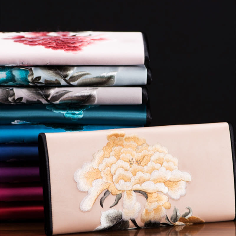 Sac à main portefeuille long de shopping Foviel Peony Flower Su Embroidery Journey
