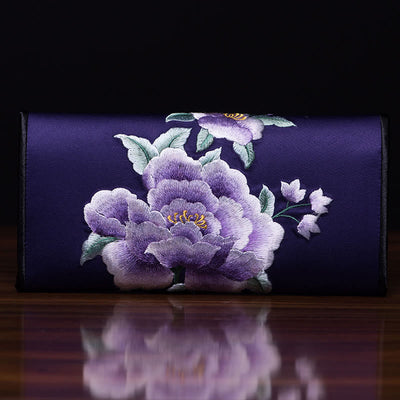 Buddha Stones Peony Su Embroidery Journey Shopping Long Purse Handbag Wallet&Handbags BS Dark purple (20*10cm)