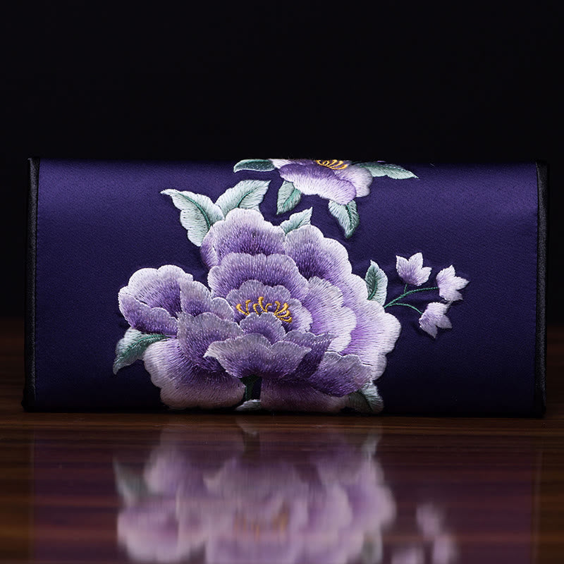 Buddha Stones Peony Su Embroidery Journey Shopping Long Purse Handbag Wallet&Handbags BS Dark purple (20*10cm)
