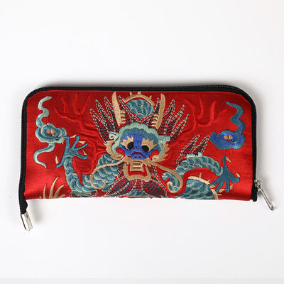 Buddha Stones Mythical Beast Phoenix Dragon Qilin Su Embroidery Ticket Folder Storage Journey Shopping Purse Handbag Wallet&Handbags BS Dragon Pattern (Red) 23*23cm