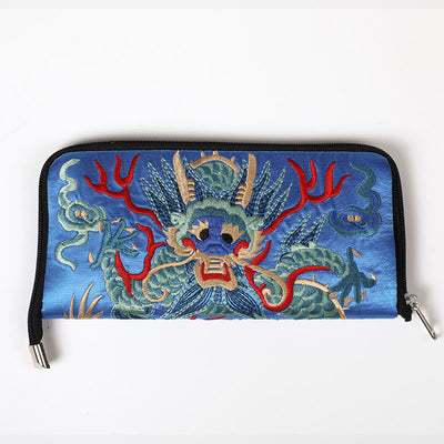 Buddha Stones Mythical Beast Phoenix Dragon Qilin Su Embroidery Ticket Folder Storage Journey Shopping Purse Handbag Wallet&Handbags BS Dragon Pattern (Cobalt Blue) 23*23cm
