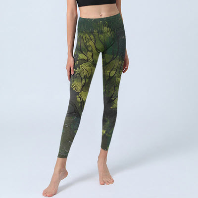 Buddha Stones ForestGreen Leaves Black Lines Print Exercise Leggings Women's Yoga Pants - image 6