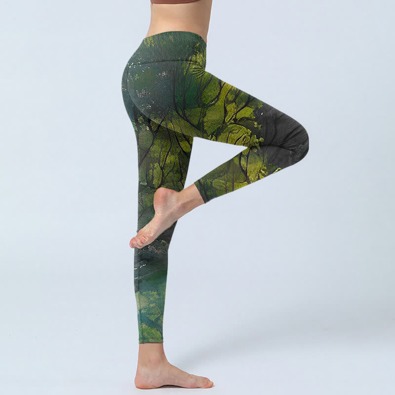 Buddha Stones ForestGreen Leaves Black Lines Print Exercise Leggings Women's Yoga Pants - image 4