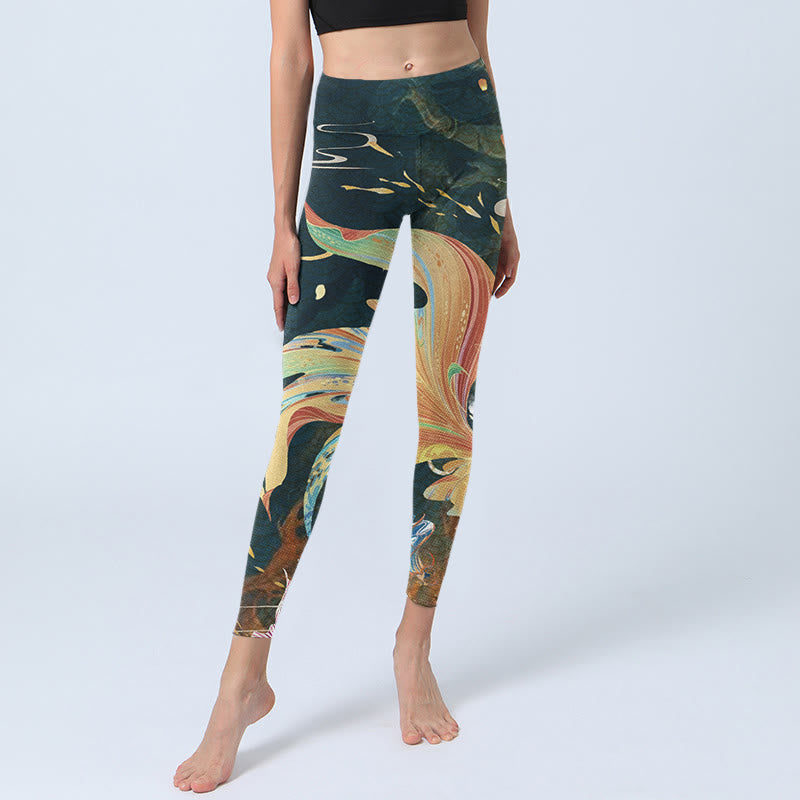 Buddha Stones Dark Slate Gray Double Koi Fish Sky Lantern Tower Exercise Leggings Women's Yoga Pants - image 6