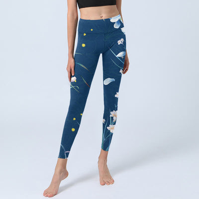 Buddha Stones SteelBlue Small White Flowers Butterfly Exercise Leggings Women's Yoga Pants - image 6