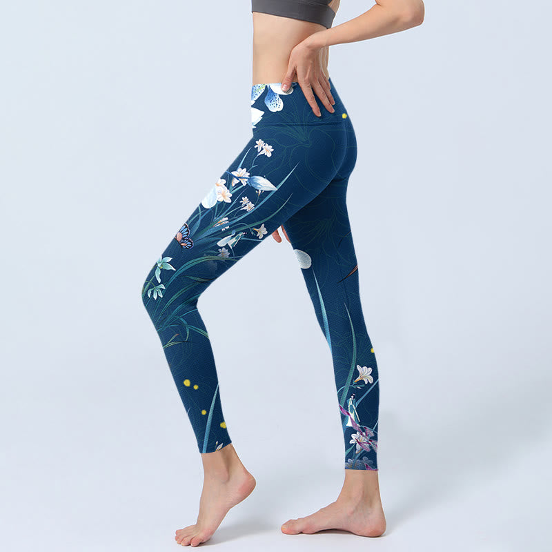 Buddha Stones SteelBlue Small White Flowers Butterfly Exercise Leggings Women's Yoga Pants - image 3
