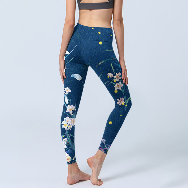 Buddha Stones SteelBlue Small White Flowers Butterfly Exercise Leggings Women's Yoga Pants - image 5