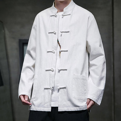 Buddha Stones Simple Frog-Button Chinese Tang Suit Cotton Men Jacket Shirt With Pockets - image 1
