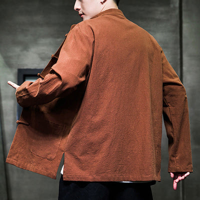Buddha Stones Simple Frog-Button Chinese Tang Suit Cotton Men Jacket Shirt With Pockets - image 26