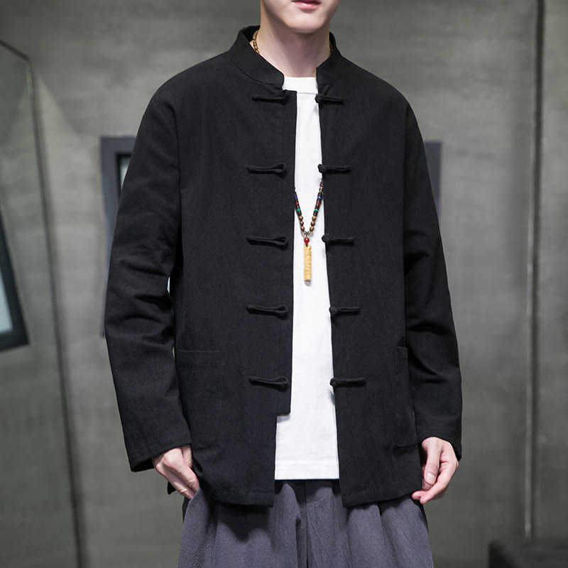 Buddha Stones Simple Frog-Button Chinese Tang Suit Cotton Men Jacket Shirt With Pockets - image 45