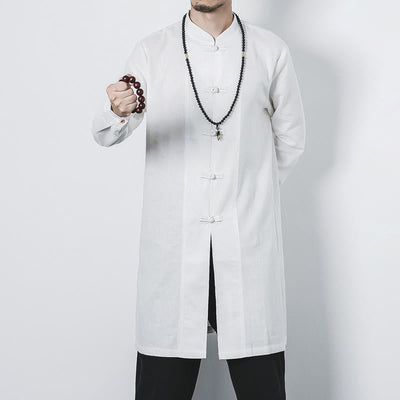 Buddha Stones Fall Simple Frog-Button Linen Men's Mid-length Coat Zen Clothing - White - US/UK/AU46，EU56 (5XL) - image 14