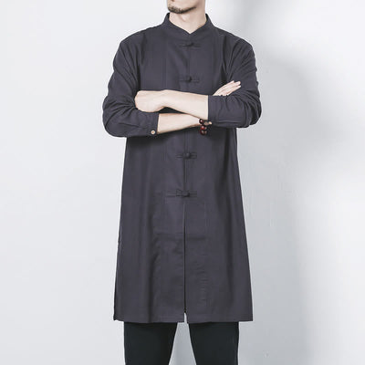 Buddha Stones Fall Simple Frog-Button Linen Men's Mid-length Coat Zen Clothing - image 26