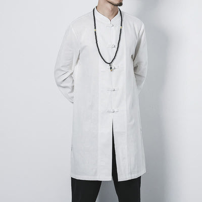 Buddha Stones Fall Simple Frog-Button Linen Men's Mid-length Coat Zen Clothing - image 15