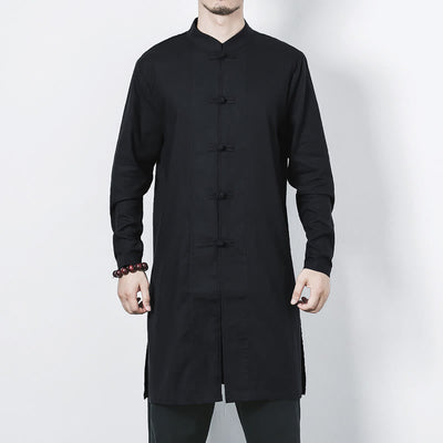 Buddha Stones Fall Simple Frog-Button Linen Men's Mid-length Coat Zen Clothing - image 17