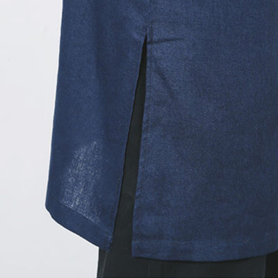 Buddha Stones Fall Simple Frog-Button Linen Men's Mid-length Coat Zen Clothing - image 13