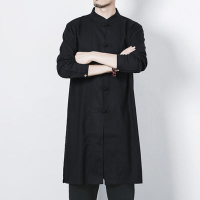 Buddha Stones Fall Simple Frog-Button Linen Men's Mid-length Coat Zen Clothing - image 20