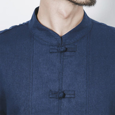 Buddha Stones Fall Simple Frog-Button Linen Men's Mid-length Coat Zen Clothing - image 9