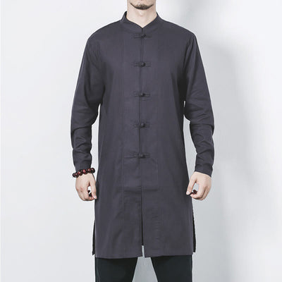 Buddha Stones Fall Simple Frog-Button Linen Men's Mid-length Coat Zen Clothing - image 23