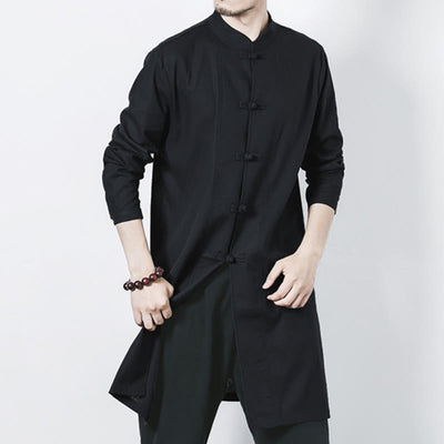 Buddha Stones Fall Simple Frog-Button Linen Men's Mid-length Coat Zen Clothing - image 18