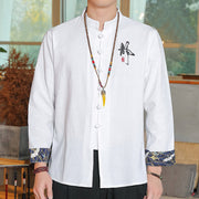 Foviel Fall Solid Long Sleeve Frog-Button Shirt Linen Men Zen Clothing
