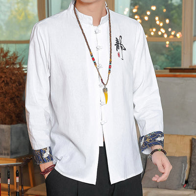Buddha Stones Fall Solid Long Sleeve Frog-Button Shirt Linen Men Zen Clothing - image 1