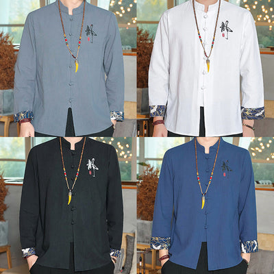 Buddha Stones Fall Solid Long Sleeve Frog-Button Shirt Linen Men Zen Clothing - image 29