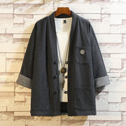 Foviel Men's Frog-Button Tang Suit Three Quarter Sleeve Kimono With Pockets