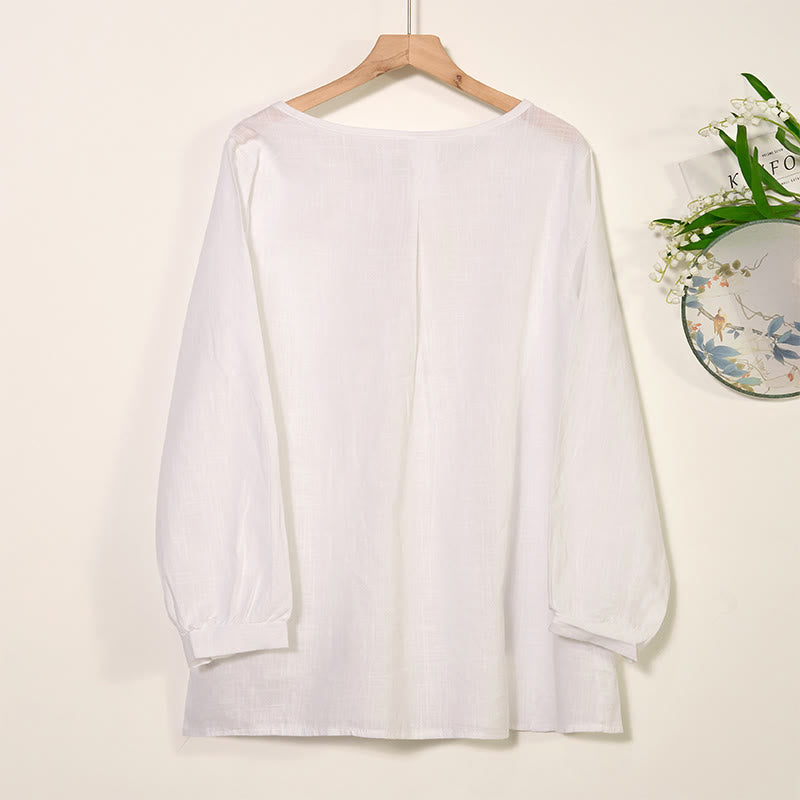 Buddha Stones Round Neck Casual Pleated Long Sleeve Shirt Cotton Linen Women's Shirts - image 6