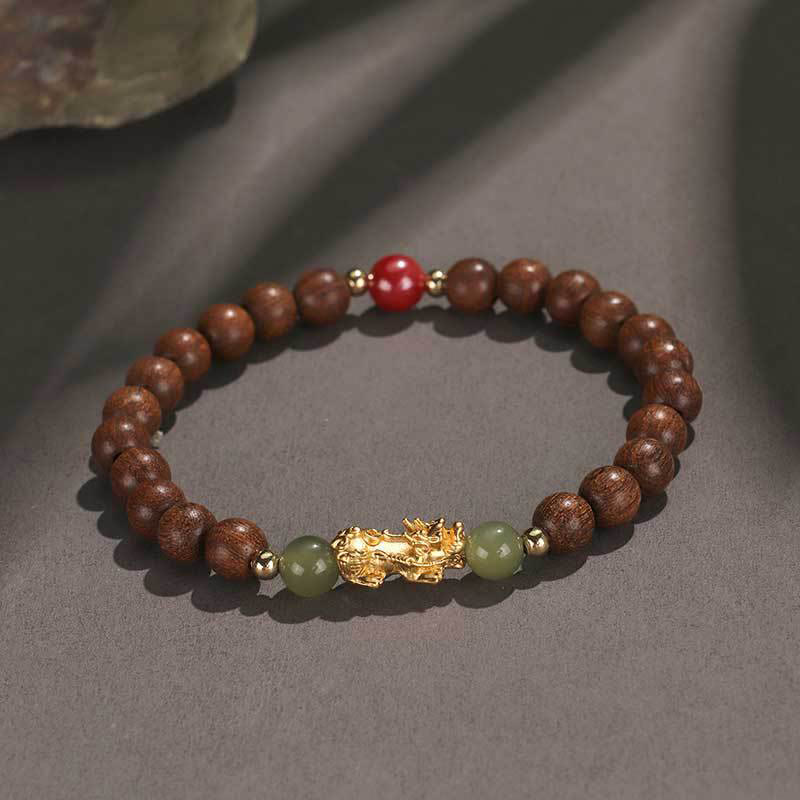 Foviel 999 Sterling Silver Sandalwood Ebony Wood Small Leaf Red Sandalwood Hetian Jade Cinnabar PiXiu Wealth Bracelet