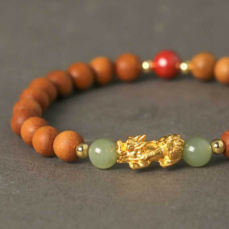 Foviel 999 Sterling Silver Sandalwood Ebony Wood Small Leaf Red Sandalwood Hetian Jade Cinnabar PiXiu Wealth Bracelet