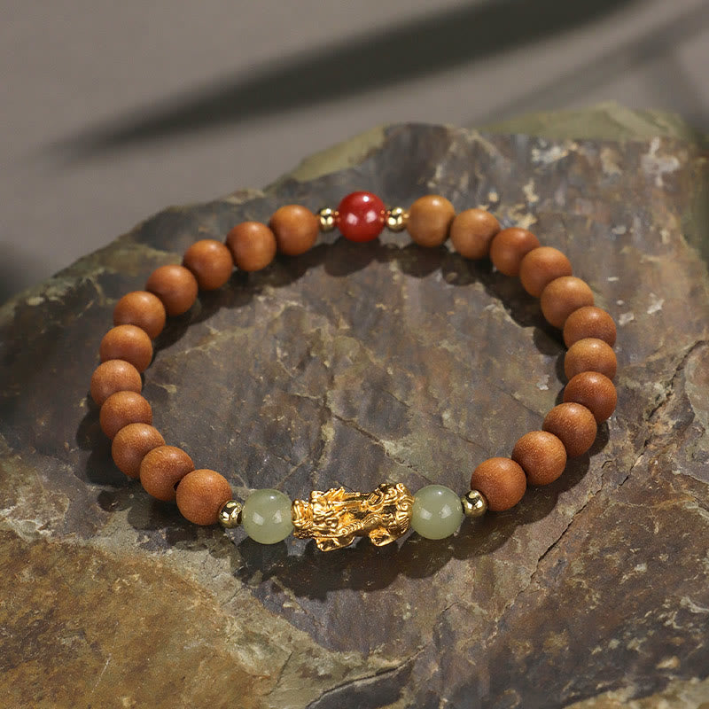Foviel 999 Sterling Silver Sandalwood Ebony Wood Small Leaf Red Sandalwood Hetian Jade Cinnabar PiXiu Wealth Bracelet